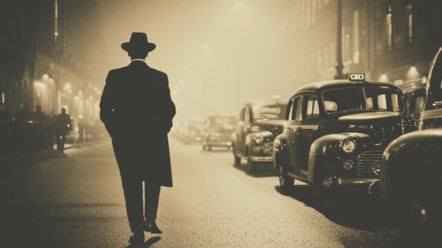 A silhouetted figure in a trench coat walking past vintage cars.