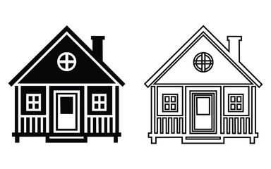 house sketch vector illustration, Two contrasting house illustrations one solid black silhouette and one detailed line drawing isolated on white background