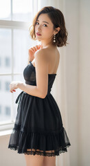 黒いドレスを着た大人の女性ポートレート　上品でエレガントな雰囲気のファッションモデル
