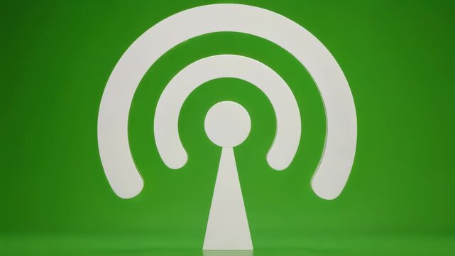 A white antenna shape with concentric arch lines glows against a green background, suggesting wireless signals
