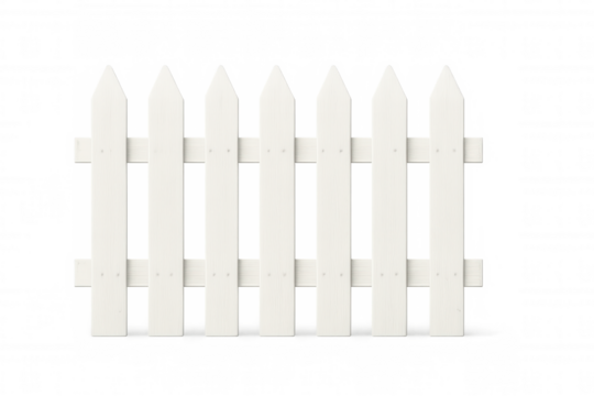 White wooden picket fence section creating a boundary, protection, and privacy barrier on transparent background