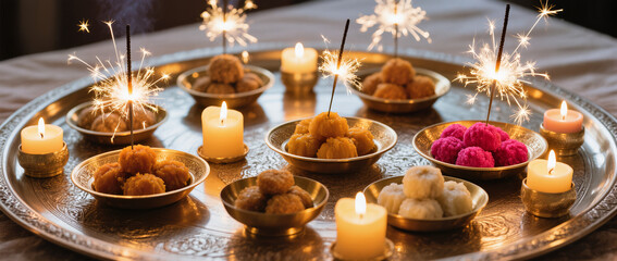 Diwali Flatlay Advertisement Decorative Tray Sparklers Brass Plates Sweets Decorative Candles Warm Ambient Lighting Cozy Joyful Evening Atmosphere