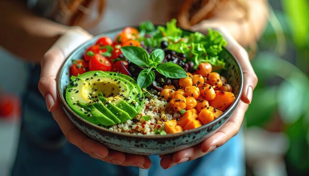 Hands holding colorful, healthy bowl with various vegetables and grains