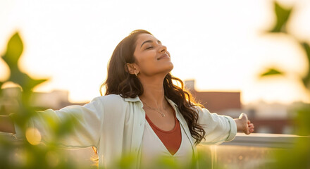 Embracing Serenity: A woman stands outdoors, arms outstretched, inhaling the warmth of the sun, capturing a moment of pure joy, tranquility, and freedom.