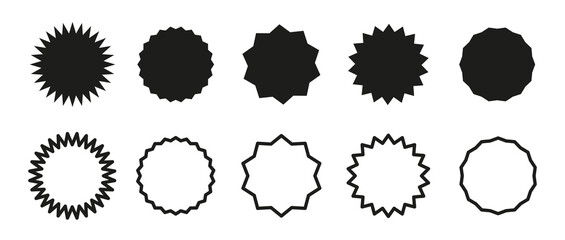 Circle black stickers collection. Set of round frames. Blank sale sticker icons. Wavy edge promo flat badges. Tags for price in star burst shape. Simple silhouette borders. Flat vintage labels sample.