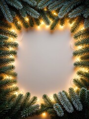 Festive frame with green branches, fairy lights, blank space