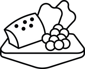 a wooden tray with cheese  grapes  and bread slice