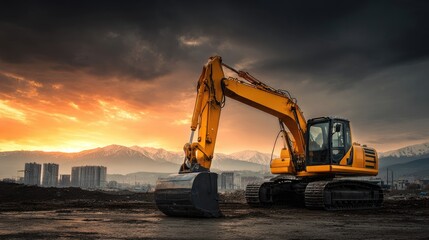Powerful excavator at sunset on a construction site