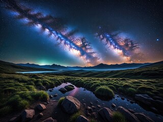 Nightscape with Milky Way over tranquil landscape, reflecting in water
