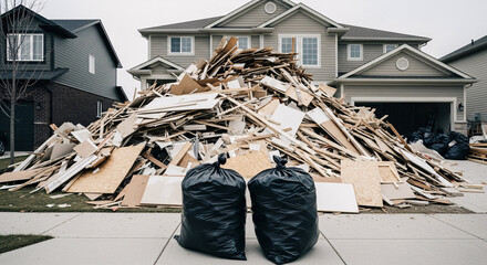 Home Renovation Debris: A towering pile of construction debris, encompassing wood and discarded materials, dominates the front yard of a residential property, alongside sealed trash bags