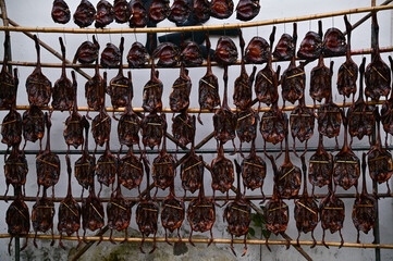 Hanging prickled duck at a street. Hanging dried duck, cured meat at street. Hangzhou soy-sauce duck, a type of marinated duck. Food and beverage concept.