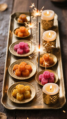 Diwali Flatlay Advertisement Decorative Tray Sparklers Brass Plates Sweets Decorative Candles Warm Ambient Lighting Cozy Joyful Evening Atmosphere