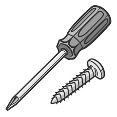 A gray and black cartoon illustration of a phillips head screwdriver next to a single wood screw on a white background