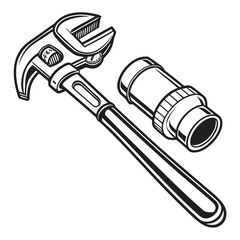 Adjustable pipe wrench and plumbing fitting isolated on white background for repair and maintenance illustration