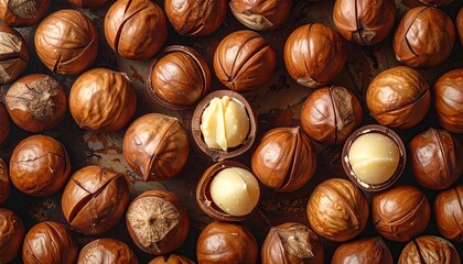Macadamia Nut Pile Display Overhead Shot with Cracked Shells and Exposed Kernels on Dark Textured Surface