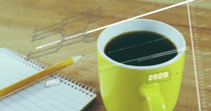 White sweep line entering frame pulsing and year markers stepping to visualize timeline over mug
