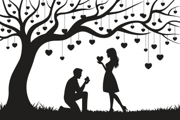 Romantic Proposal: Couple Under a Heart-Shaped Tree Silhouette Symbolizing True Love