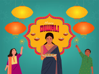 Diwali festival social media banner with an Indian woman in a saree celebrating Diwali, and a festival hanging lamp vector illustration  