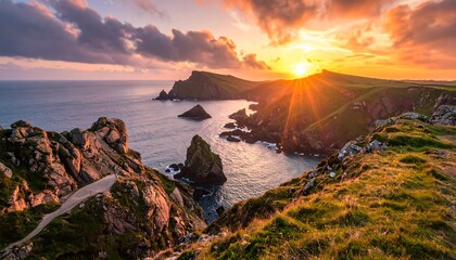 Scenic coastal vista with a brilliant sunset over the water