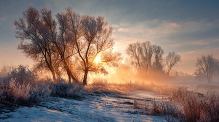 Winter landscape with trees covered in frost and sunlight breaking through the fog.
