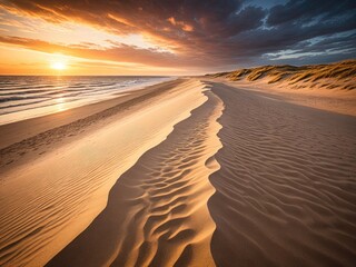 Golden hour beach scene with rolling sand dunes and ocean