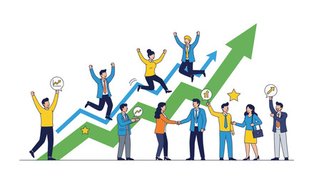 Business Team Celebrating Success with Upward Arrow and Growth Chart