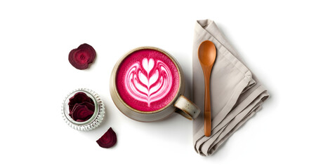 Beetroot latte served in ceramic mug with zero waste setup  