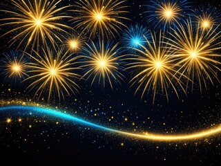 Colorful, explosive fireworks display with golden and blue light trails on a dark background