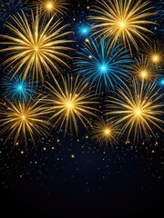 Golden and blue fireworks burst in a dark night sky, celebratory display