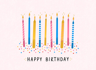 Happy birthday greeting card with candles and colorfull confetti. Hand drawn illustration. Vector cute background.