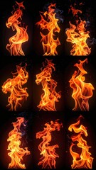 Fototapeta premium Nine flames in vibrant orange & red, set against black background