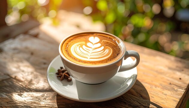 A white coffee cup filled with latte art sits on a rustic wooden table outdoors, bathed in sunlight - Powered by Adobe