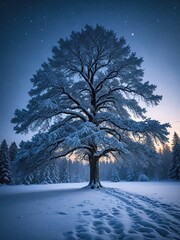 Frost-covered tree in a snowy field under starry night