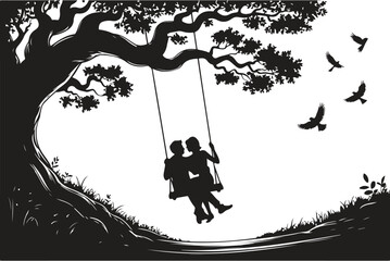 Romantic couple sitting on swing under tree, silhouette illustration of love, relationship and togetherness