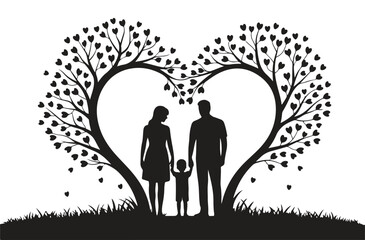 Happy family standing under heart-shaped trees, love, parenting and unity concept, silhouette illustration
