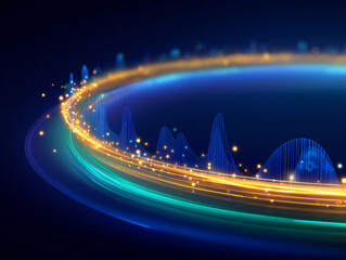 Digital Data Stream: A vibrant display of digital data flows, represented by illuminated lines, curves and points of light. this image offers a glimpse into the intricate realm of connectivity. 