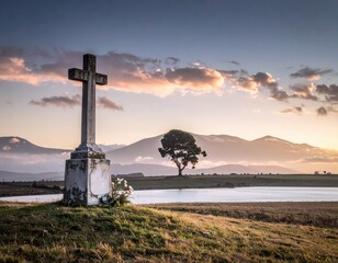 Concrete cross overlooking lake at tranquil sunset