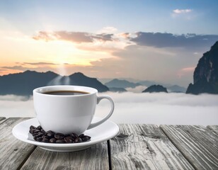 Coffee cup on wooden table enjoying sunrise mountain view