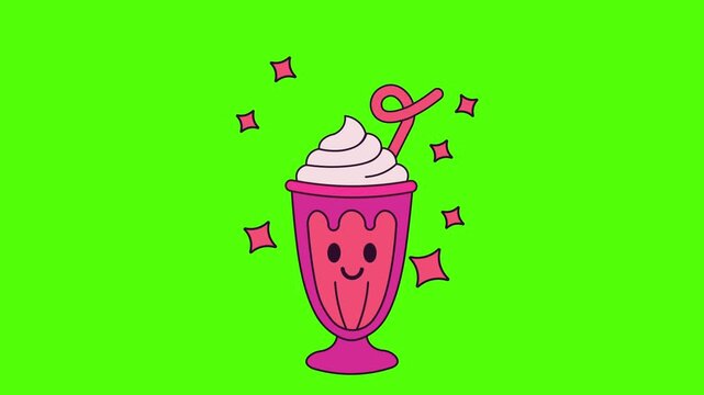Animated Pink Milkshake with Straw and Whipped Cream Cute Cartoon Food Icon Green Screen Background Illustration Sweet