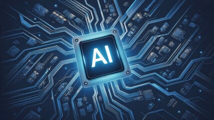 AI Chip: Captivating visualization of a cutting-edge AI chip, the focal point being the illuminated AI symbol amidst an intricate network of circuits.