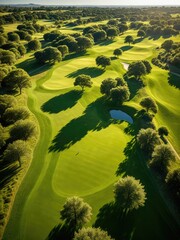 Aerial shot of a lush green golf course, trees, water, and sunny day