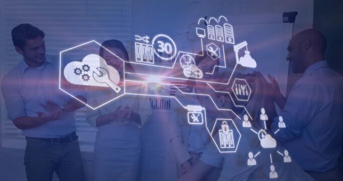 Five professionals clapping after pitch while cloud maintenance diagram forming over printed charts