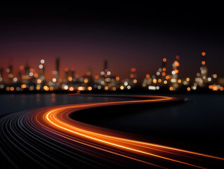 Obraz premium City Lights Trail: A luminous streak of light weaves through a cityscape at night, leading towards a blurry horizon of illuminated buildings and infrastructure, evoking speed and progress. 