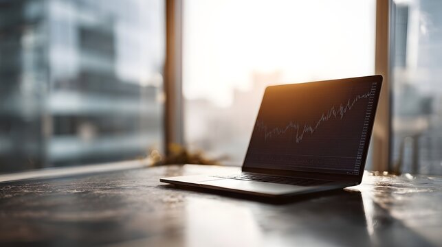 An open laptop displays a financial chart on a desk with city views and bright sunlight