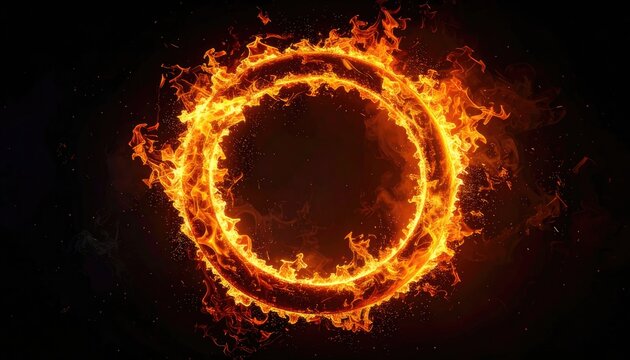 Fiery ring of fire on a dark background. Flames blaze around an empty circle