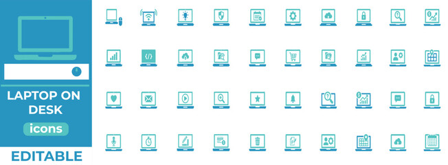 Modern editable laptop on desk vector icons in flat style, perfect for workspace, office, tech, and digital design themes
