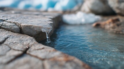 Close-up of melting glacier ice dripping into a clear pool of water, highlighting natural textures and fragile beauty, symbolizing climate change and environmental concern.