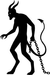Silhouette of horned demon human with chains dragging behind vector with white background 