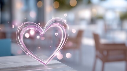 digital heart icon shining on blurred romantic cafГгВ background, symbol of love and emotions