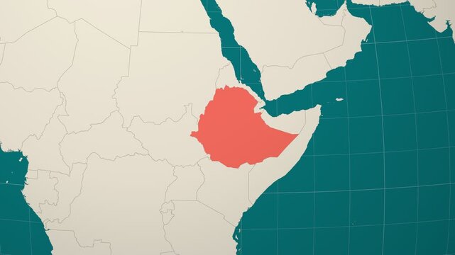 Ethiopia map. Animated zoom into the country on the Globe in Teal Pale Mint color palette. Country logo animation. Map with meridians, parallels. Amazing video.